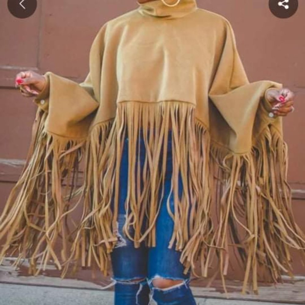 Faux Suede Fringe Pullover Jacket w/Cowl Collar